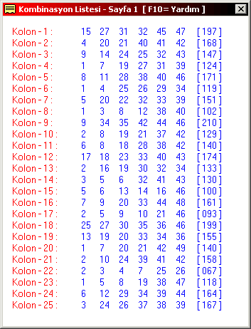 Combination list (SKORLOTO.LST) window